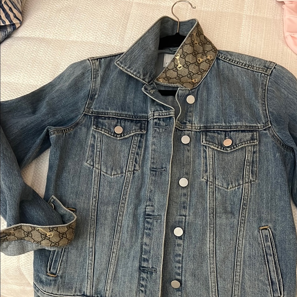 Gorgeous-Denim Jacket with Patterned Collar & cuffs.Silk scarf on back!